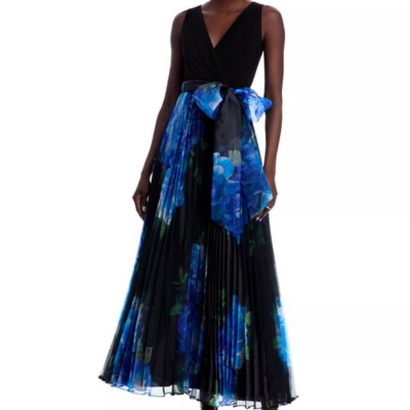 Eliza J Black Blue Pleated Sleeveless Floral Chiffon Gown - Picture 1 of 4